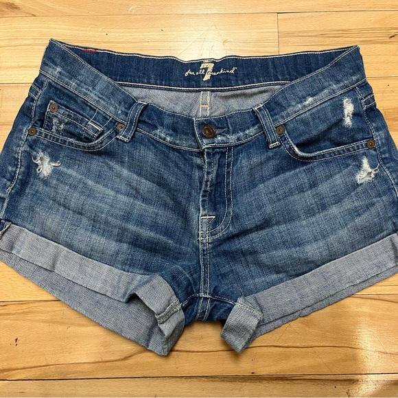 7 For All Mankind Mid Rise Denim Shorts Rolled Hem Distressed 25 (fits like 26) - Picture 4 of 6